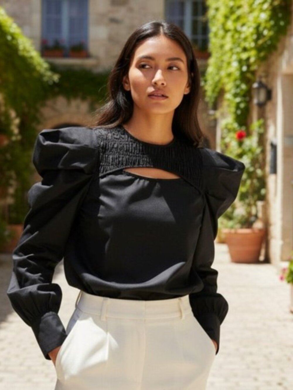 Tuckernuck Hyacinth House Beckett Blouse Black Keyhole XS NWT Puff Sleeve